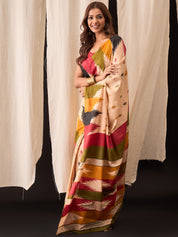 Beige Multicolor Cotton Ikat Saree with Brushstroke Pallu Design