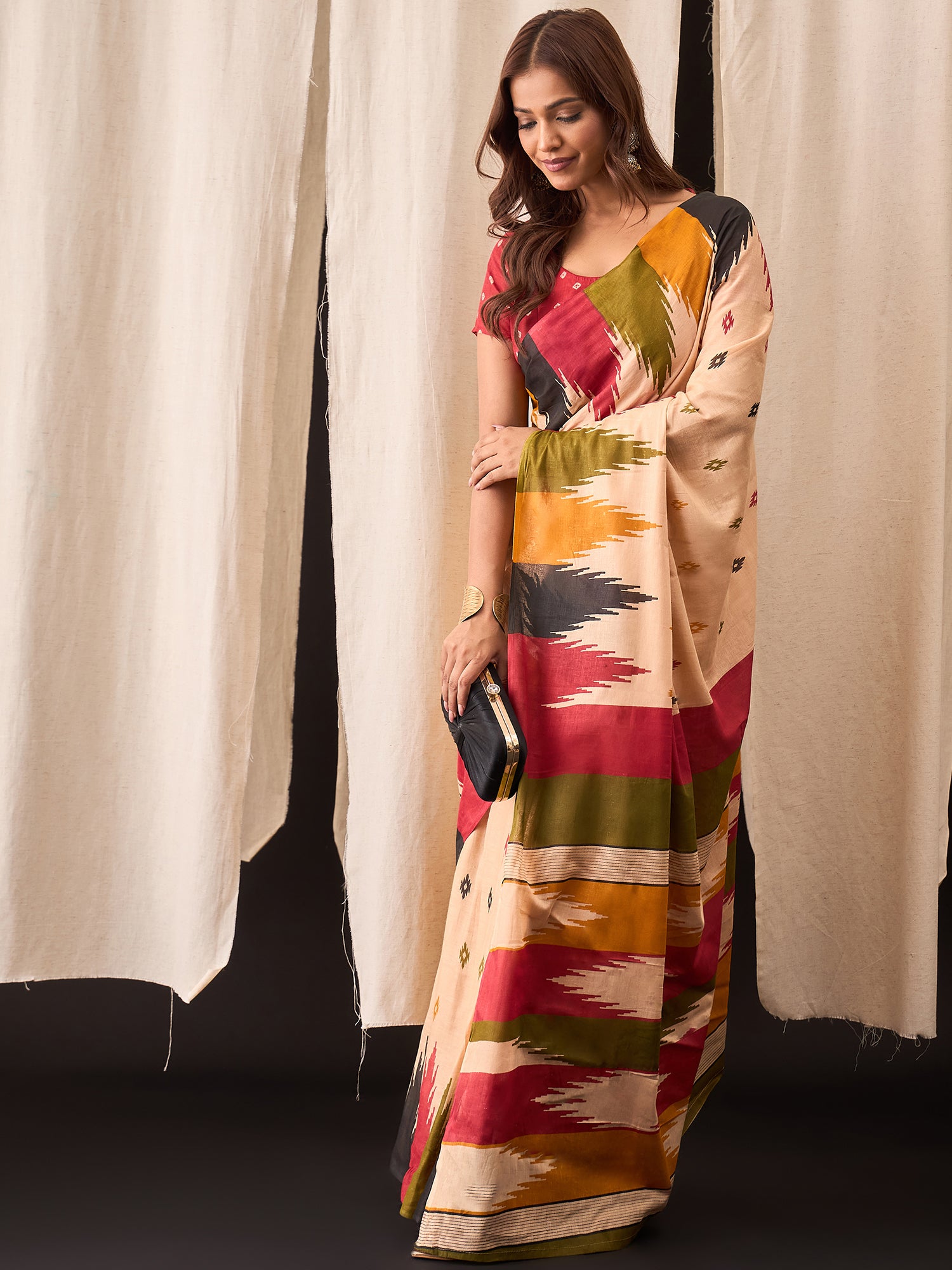 Beige Multicolor Cotton Ikat Saree with Brushstroke Pallu Design
