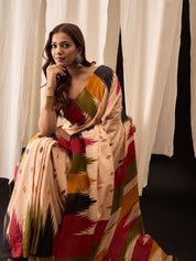 Beige Multicolor Cotton Ikat Saree with Brushstroke Pallu Design