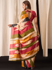 Beige Multicolor Cotton Ikat Saree with Brushstroke Pallu Design