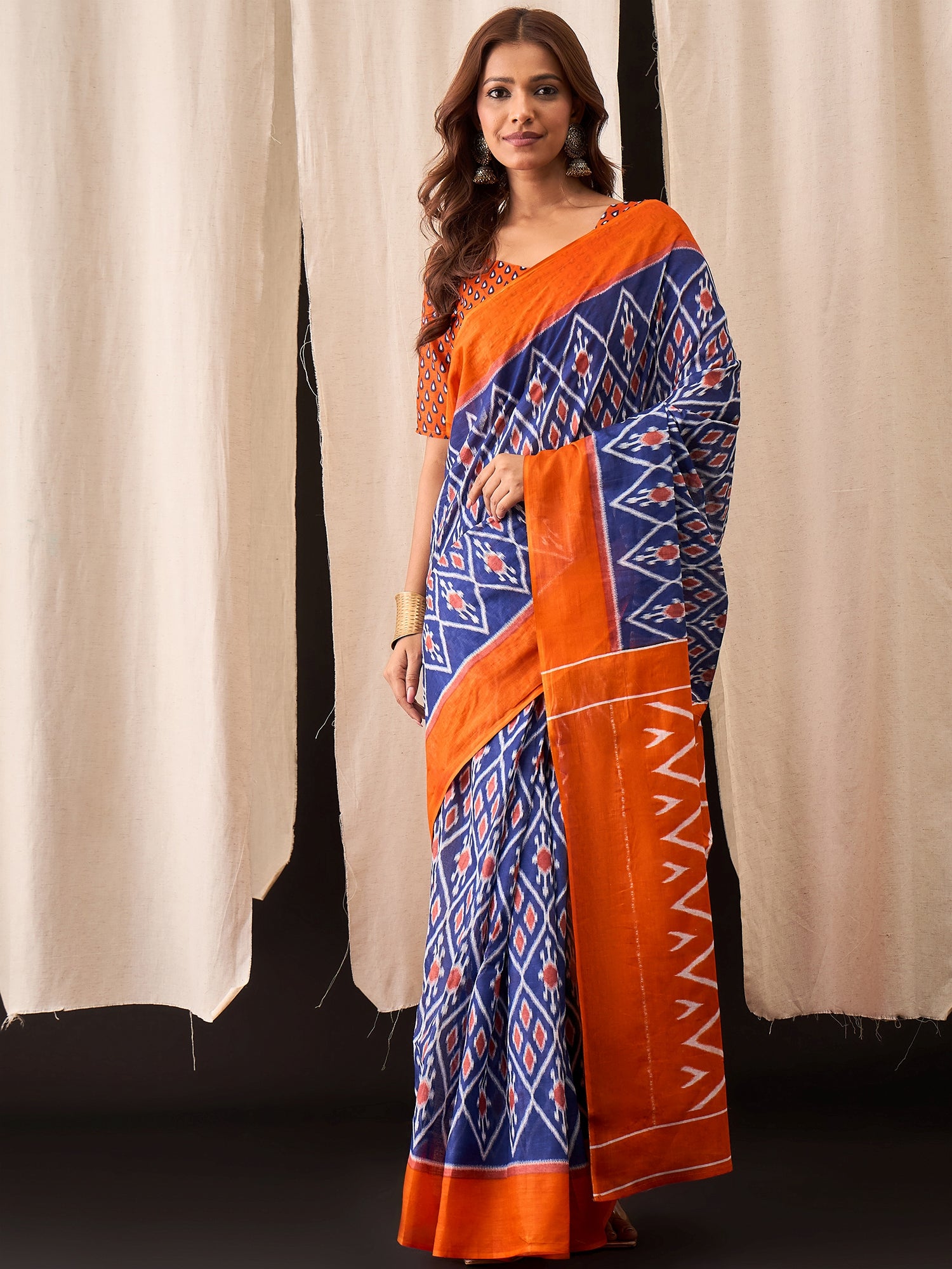 Blue & Orange Cotton Ikat Saree with Diamond Motif Pattern