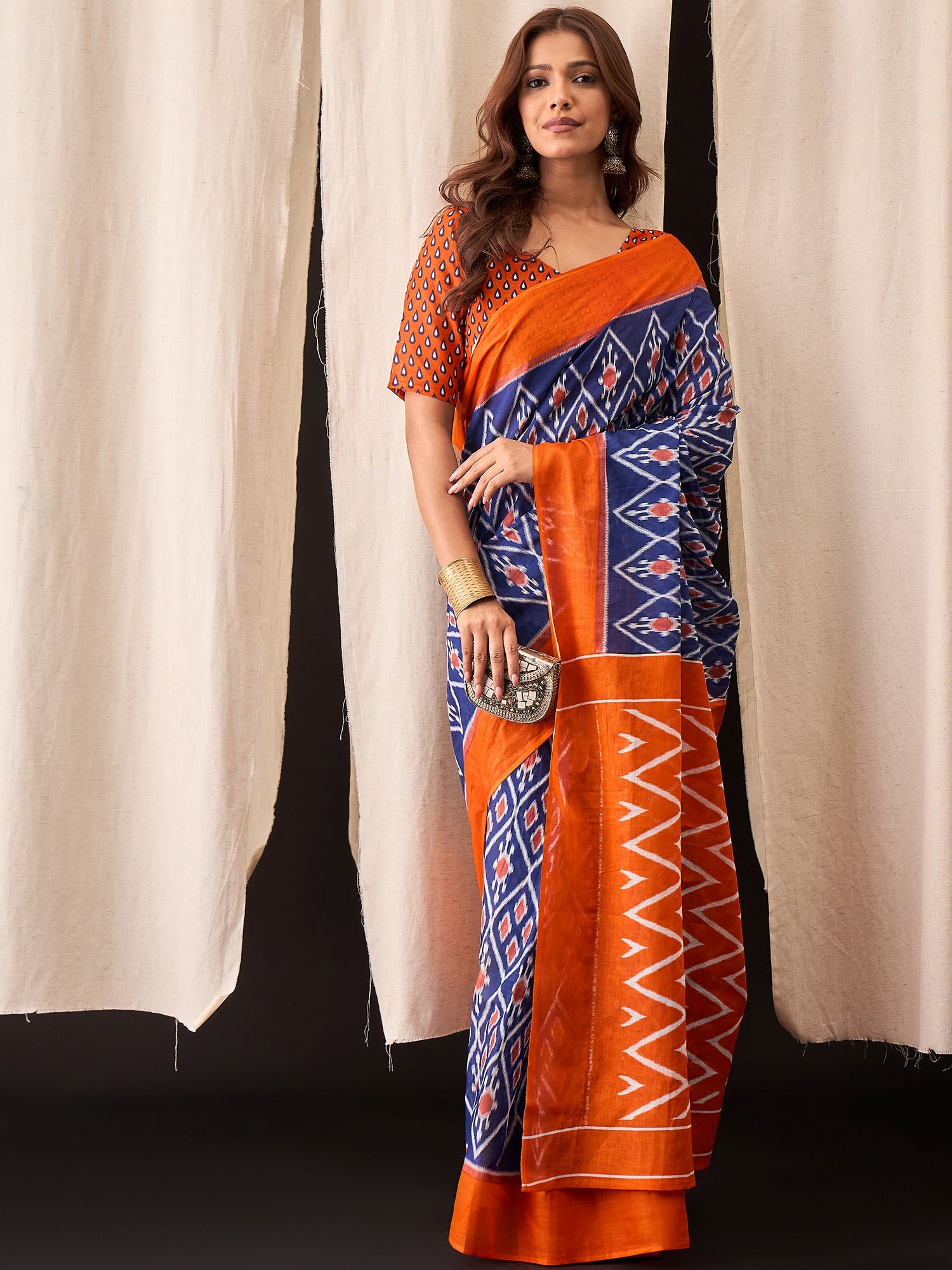 Blue & Orange Cotton Ikat Saree with Diamond Motif Pattern