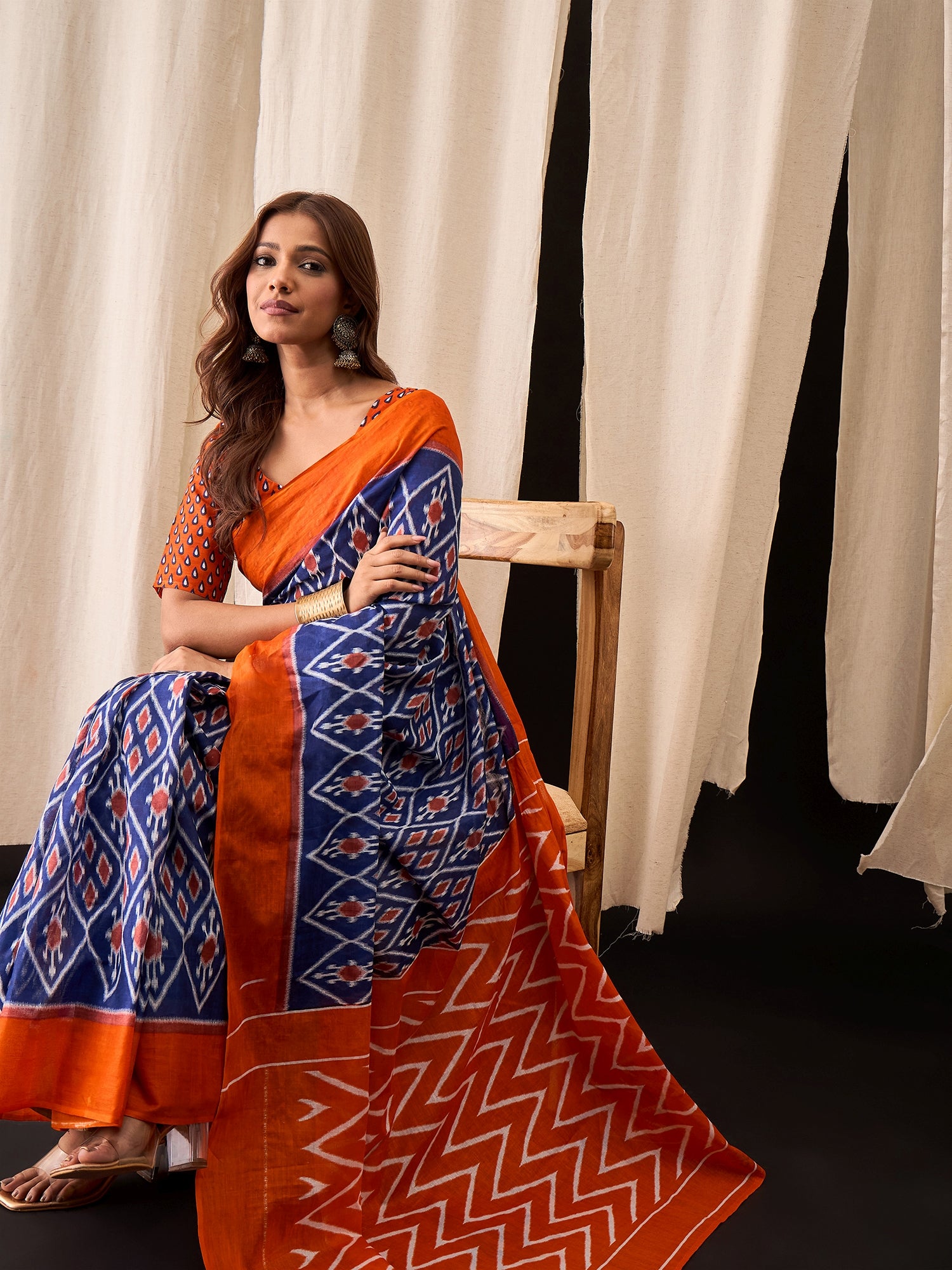 Blue & Orange Cotton Ikat Saree with Diamond Motif Pattern