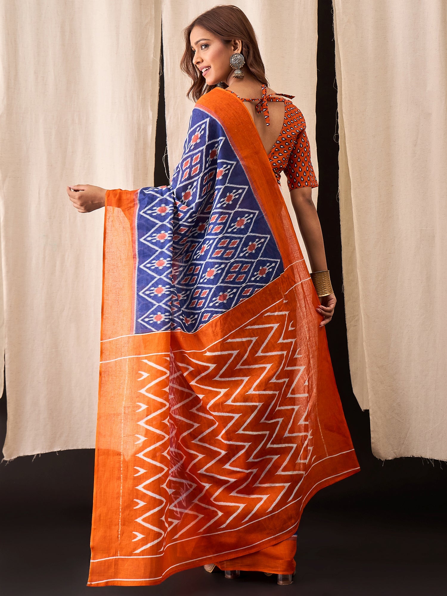 Blue & Orange Cotton Ikat Saree with Diamond Motif Pattern