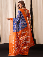 Blue & Orange Cotton Ikat Saree with Diamond Motif Pattern