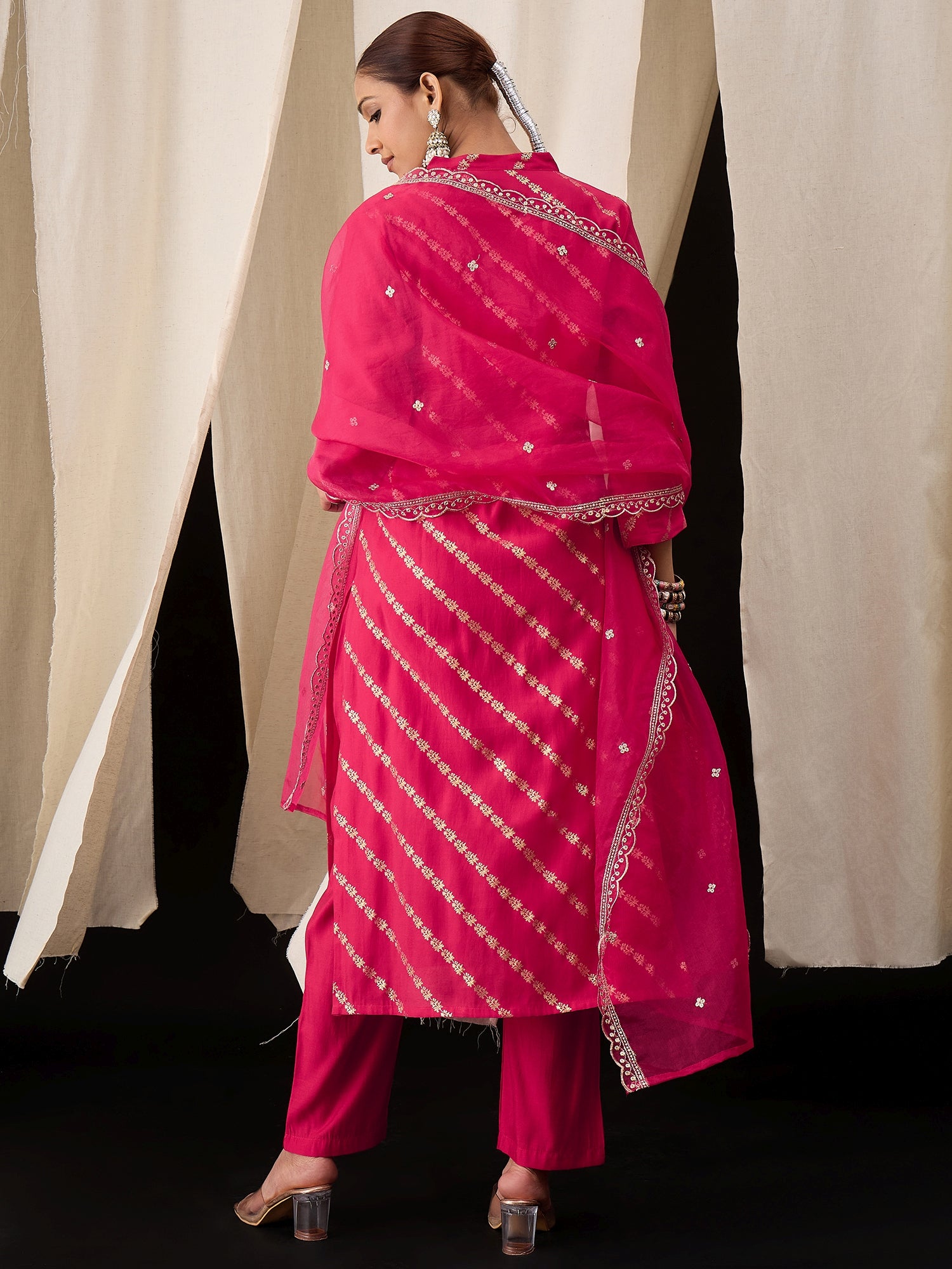 Hot Pink Viscose Chanderi Kurta Set with Foil Print & Embroidered Organza Dupatta