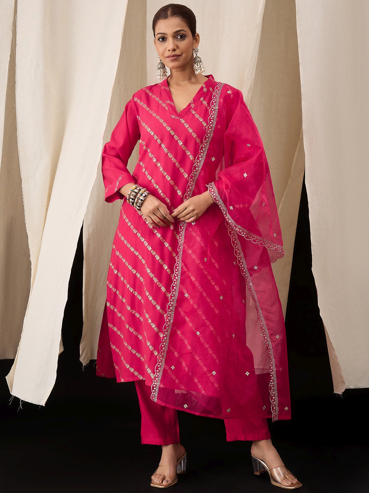 Hot Pink Viscose Chanderi Kurta Set with Foil Print & Embroidered Organza Dupatta