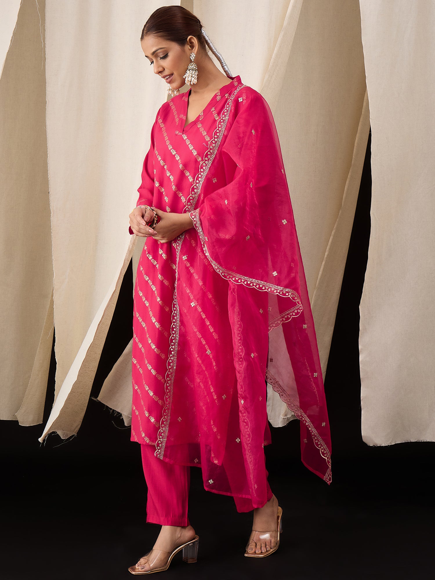 Hot Pink Viscose Chanderi Kurta Set with Foil Print & Embroidered Organza Dupatta
