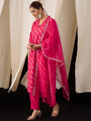 Hot Pink Viscose Chanderi Kurta Set with Foil Print & Embroidered Organza Dupatta