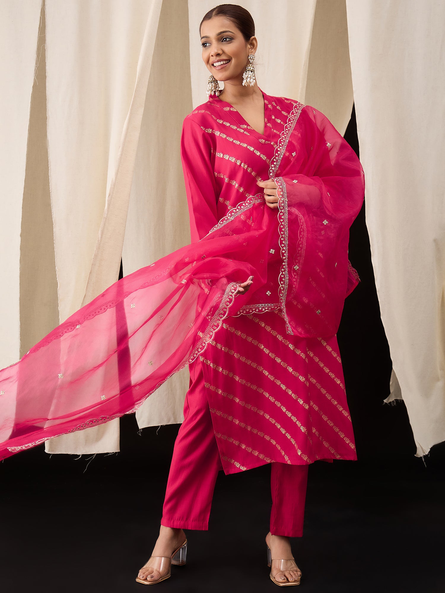 Hot Pink Viscose Chanderi Kurta Set with Foil Print & Embroidered Organza Dupatta