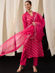 Hot Pink Viscose Chanderi Kurta Set with Foil Print & Embroidered Organza Dupatta