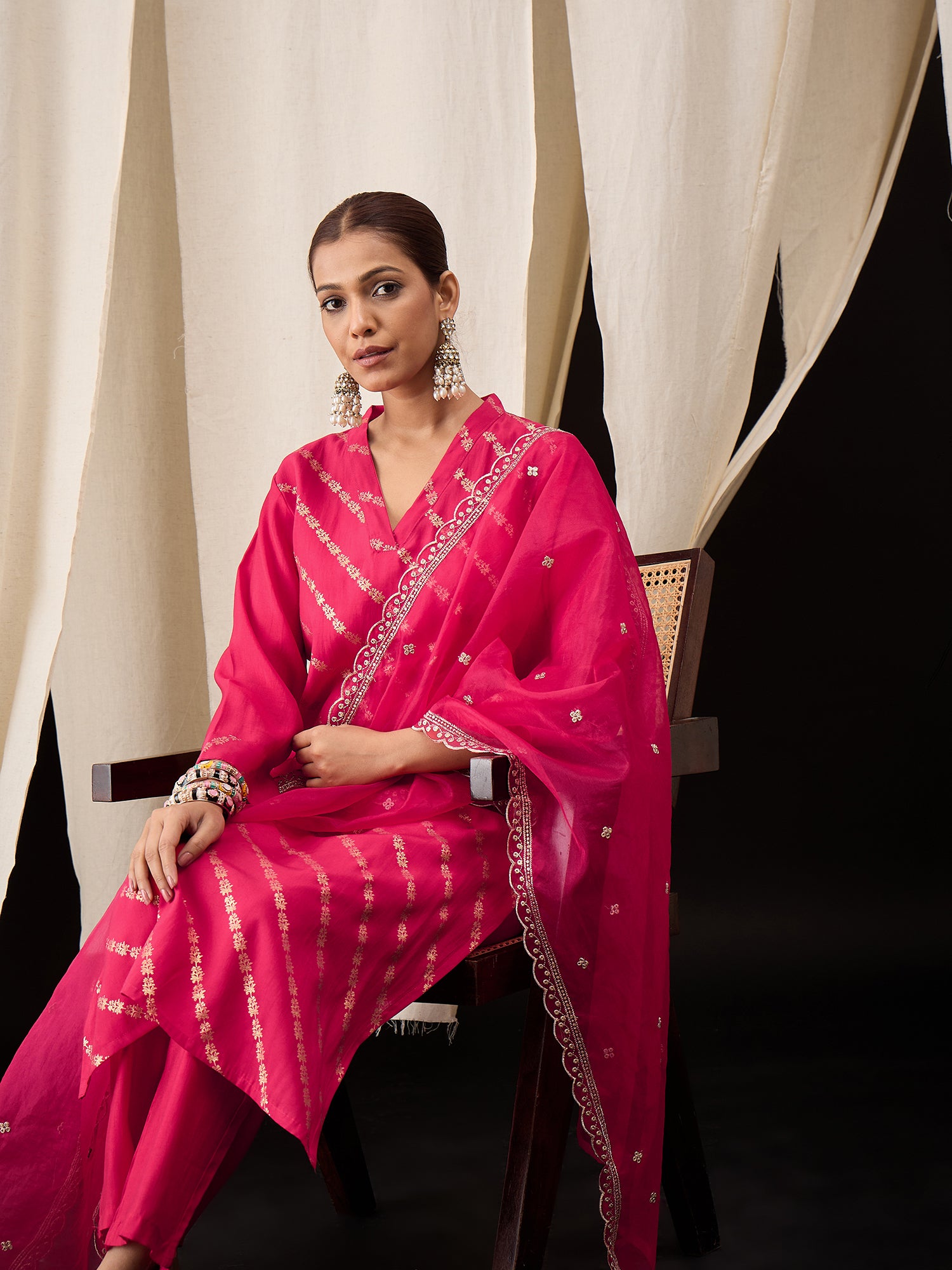 Hot Pink Viscose Chanderi Kurta Set with Foil Print & Embroidered Organza Dupatta