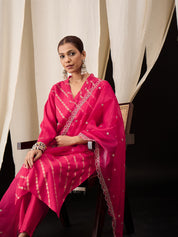 Hot Pink Viscose Chanderi Kurta Set with Foil Print & Embroidered Organza Dupatta