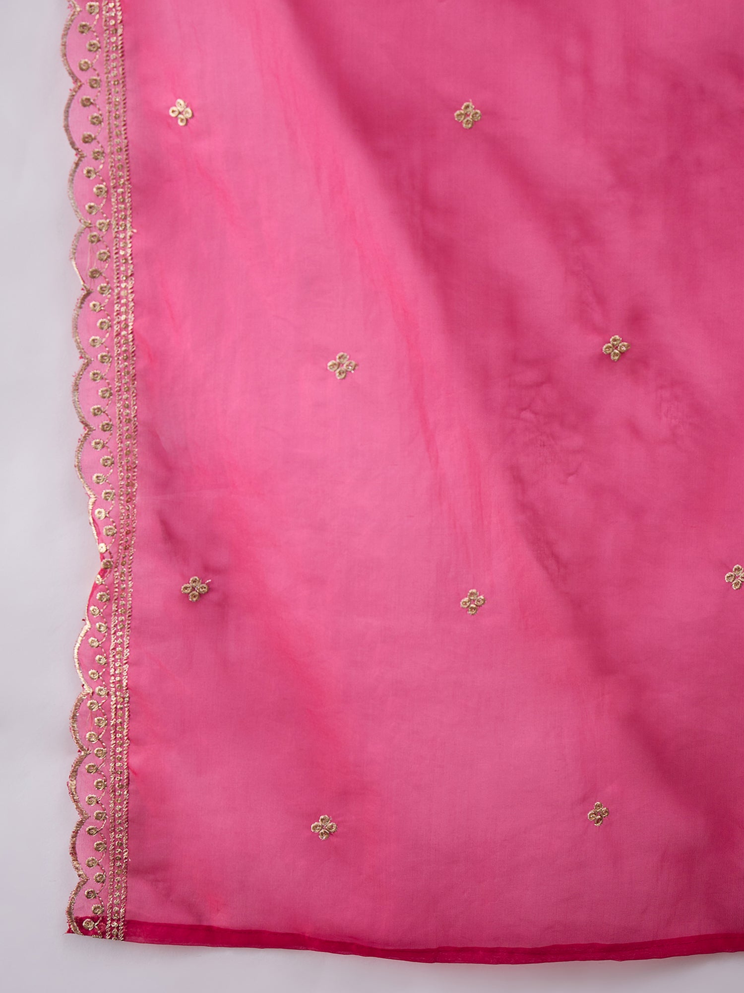 Hot Pink Viscose Chanderi Kurta Set with Foil Print & Embroidered Organza Dupatta
