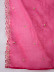 Hot Pink Viscose Chanderi Kurta Set with Foil Print & Embroidered Organza Dupatta
