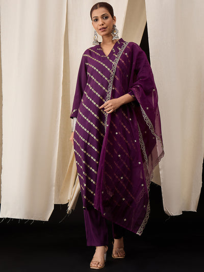 Deep Purple Roman Silk Kurta Set with Organza Embroidered Dupatta