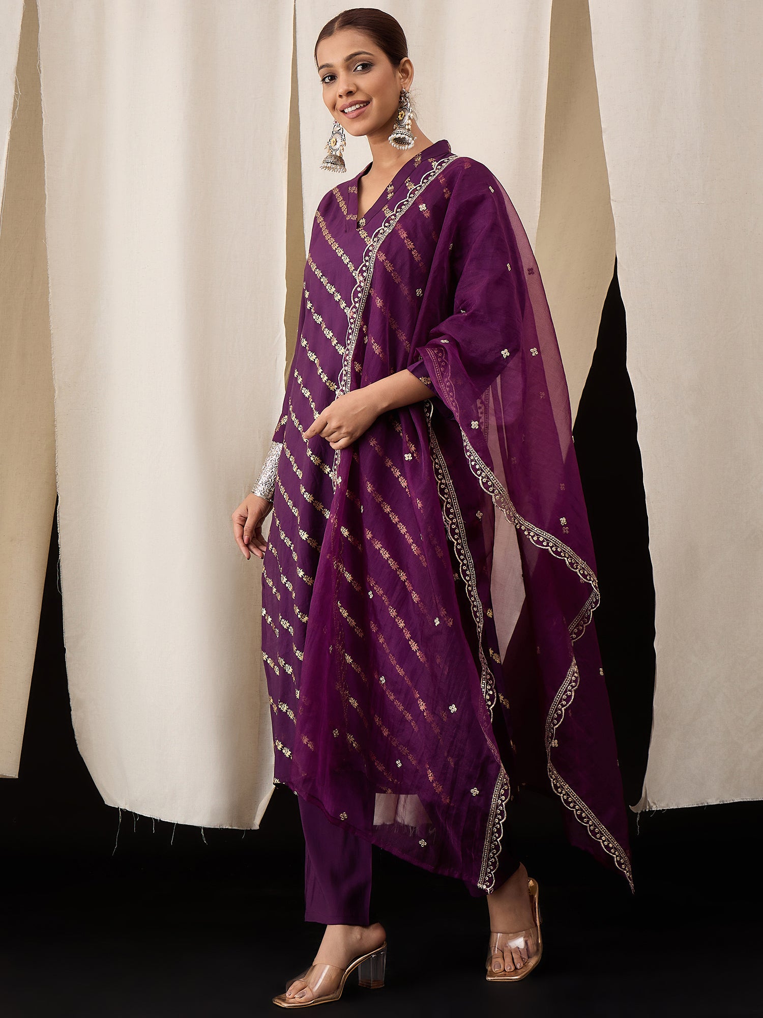 Deep Purple Roman Silk Kurta Set with Organza Embroidered Dupatta