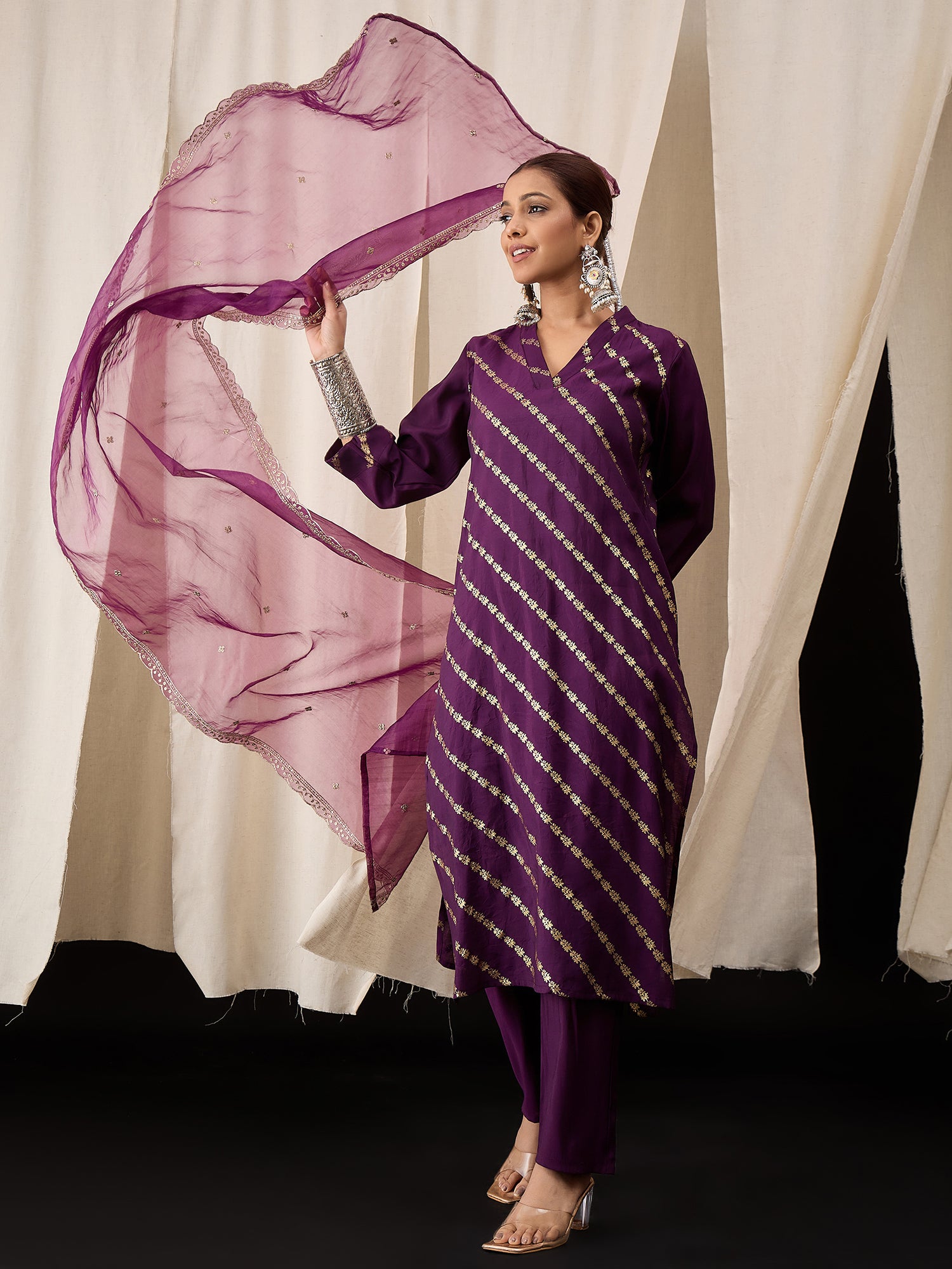 Deep Purple Roman Silk Kurta Set with Organza Embroidered Dupatta