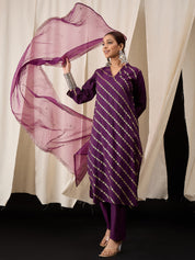 Deep Purple Roman Silk Kurta Set with Organza Embroidered Dupatta