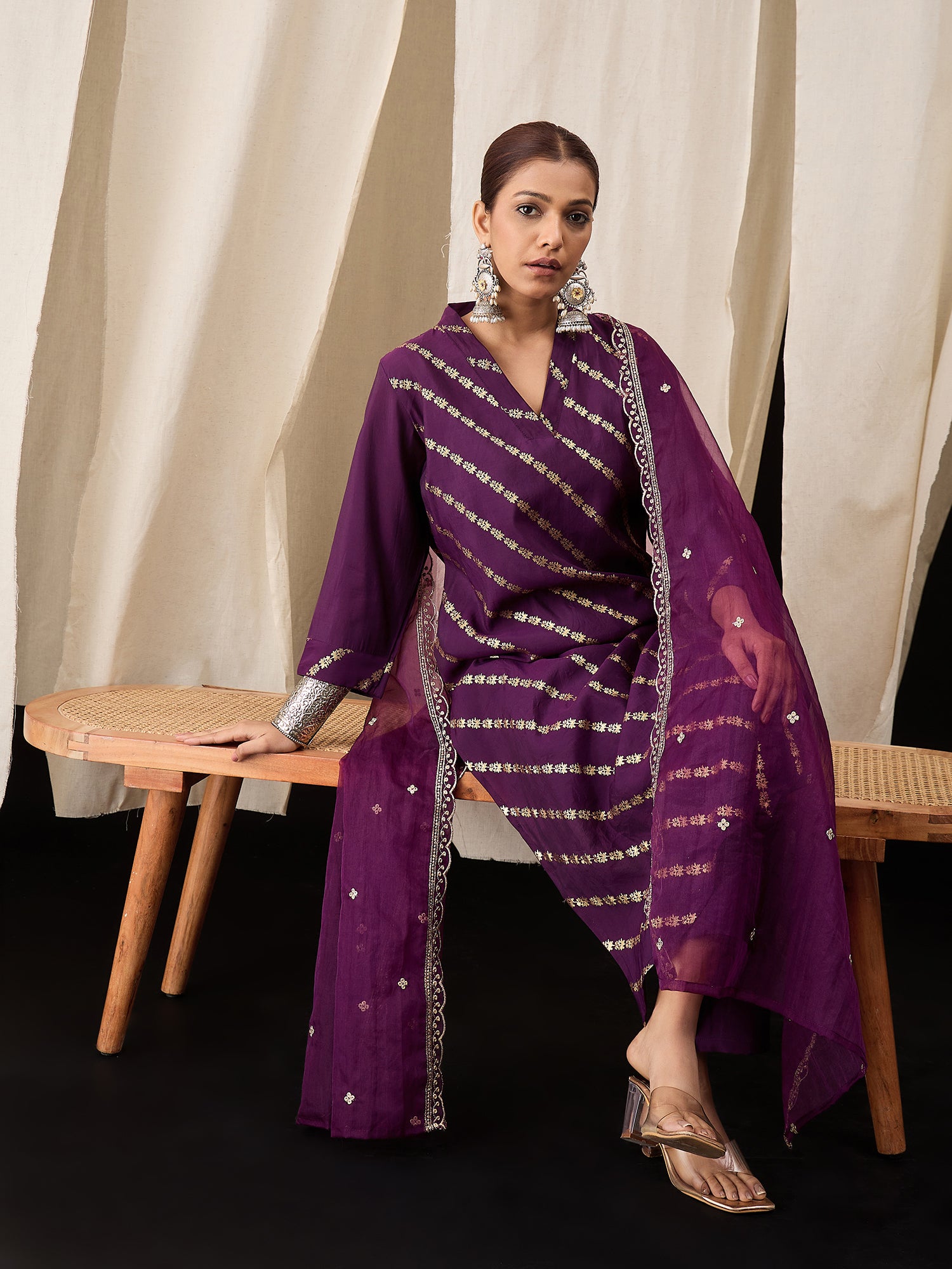 Deep Purple Roman Silk Kurta Set with Organza Embroidered Dupatta