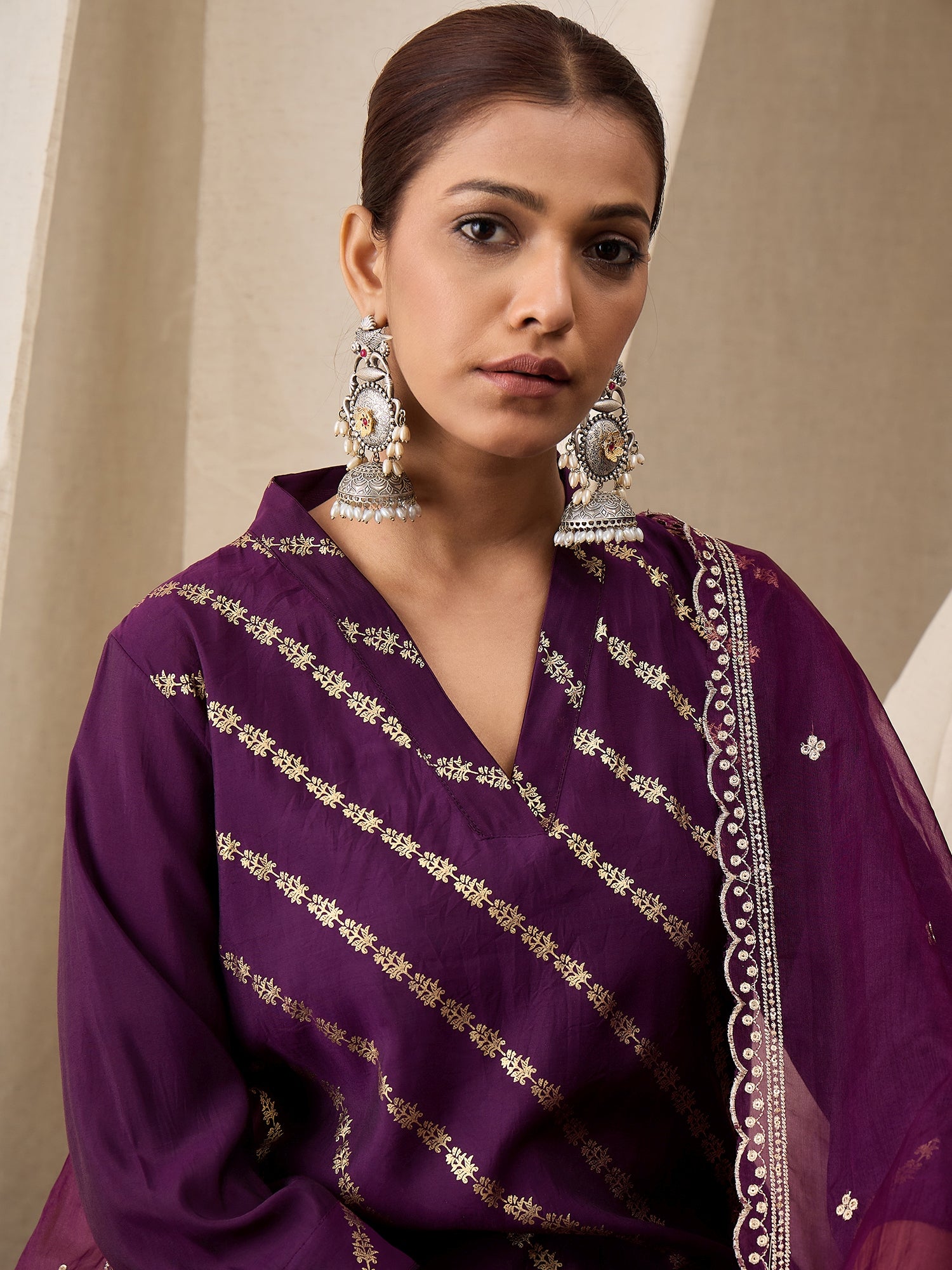 Deep Purple Roman Silk Kurta Set with Organza Embroidered Dupatta