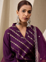 Deep Purple Roman Silk Kurta Set with Organza Embroidered Dupatta