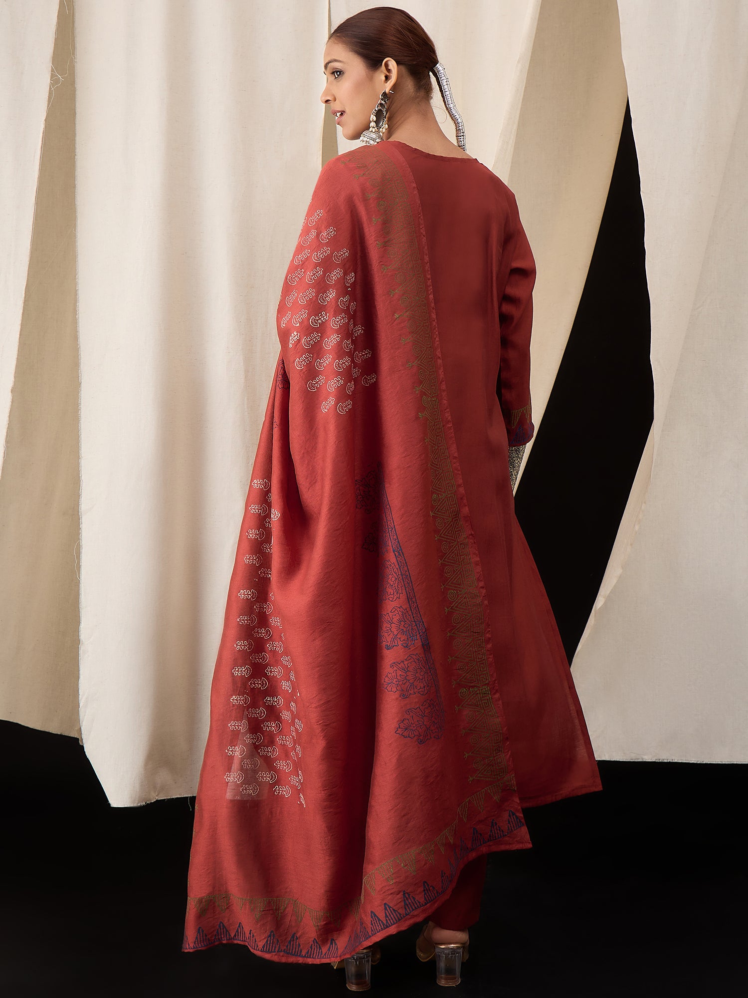 Rust Red Pure Hand Block Print Viscose Chanderi Kurta Set with Dupatta