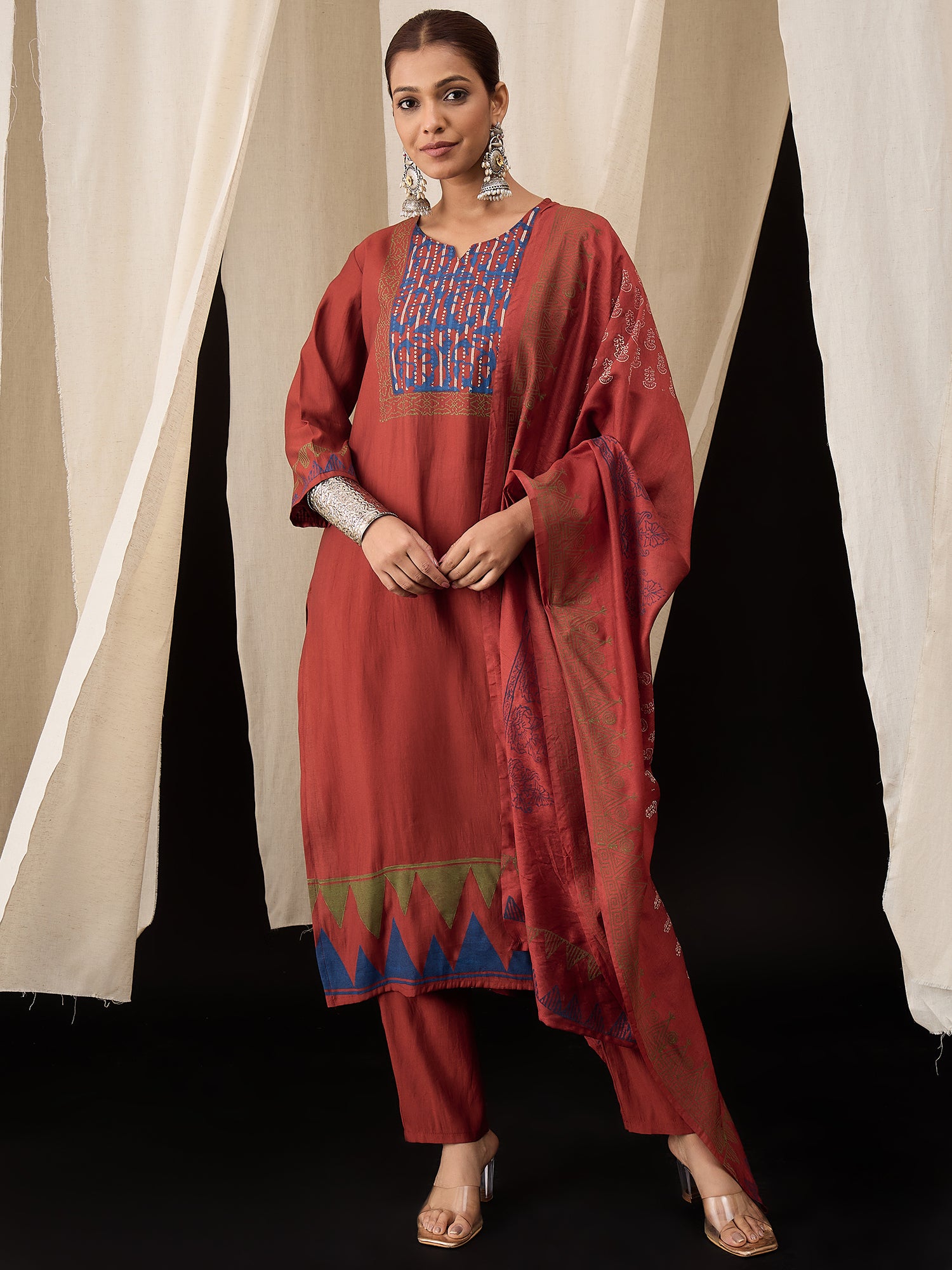 Rust Red Pure Hand Block Print Viscose Chanderi Kurta Set with Dupatta