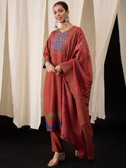 Rust Red Pure Hand Block Print Viscose Chanderi Kurta Set with Dupatta