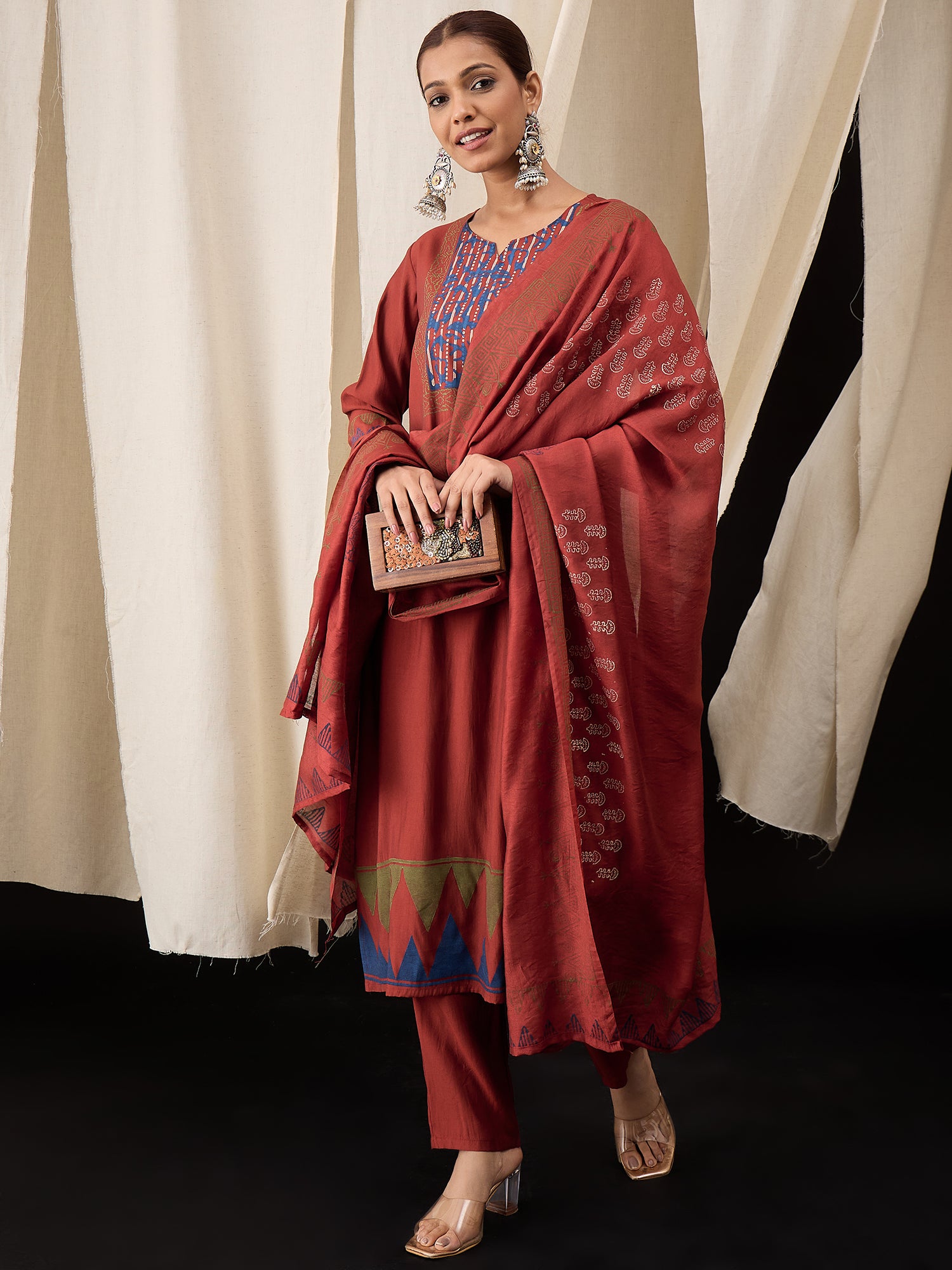 Rust Red Pure Hand Block Print Viscose Chanderi Kurta Set with Dupatta