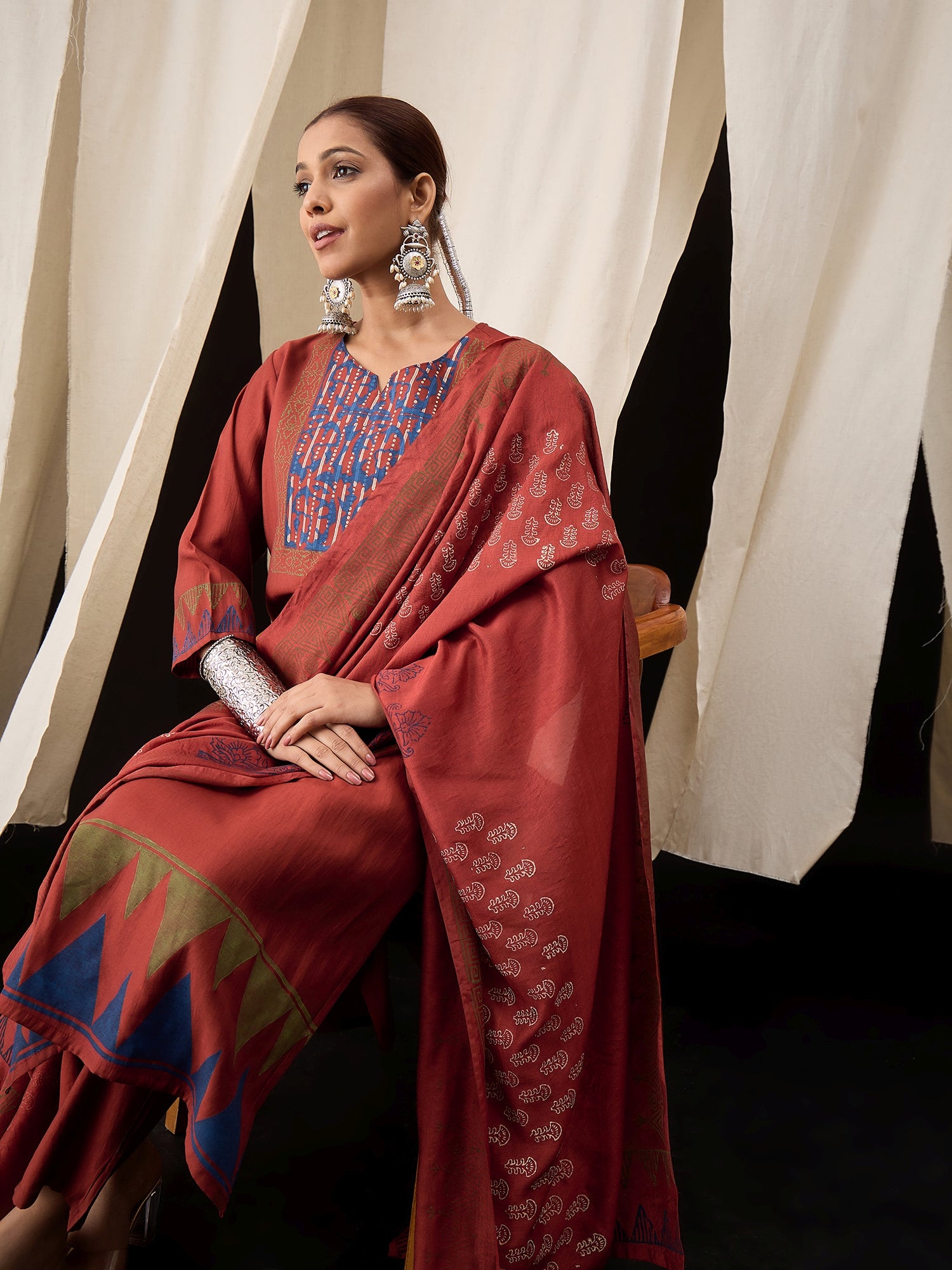 Rust Red Pure Hand Block Print Viscose Chanderi Kurta Set with Dupatta