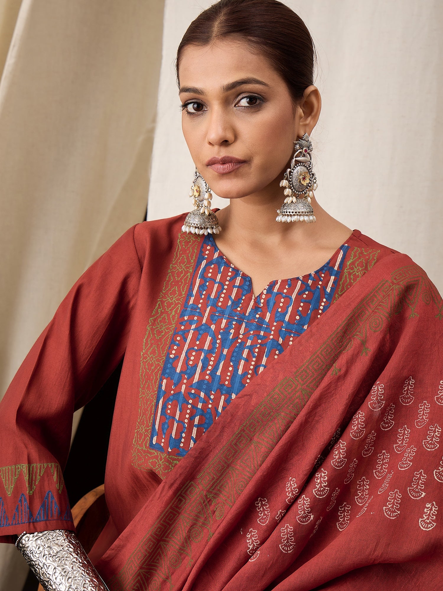 Rust Red Pure Hand Block Print Viscose Chanderi Kurta Set with Dupatta