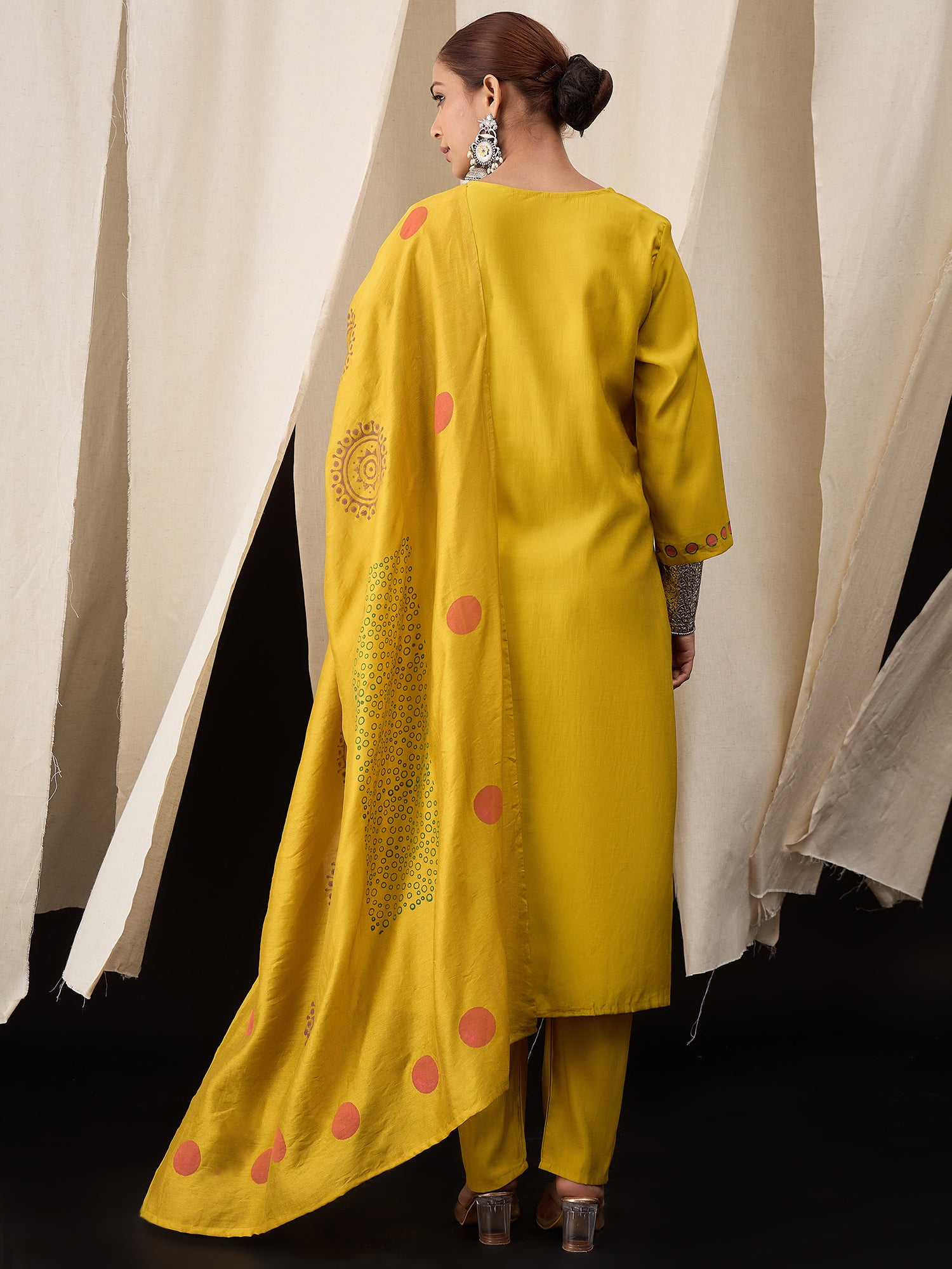 Mustard Yellow Hand Block Printed Roman Silk Kurta Set with Chanderi Dupatta