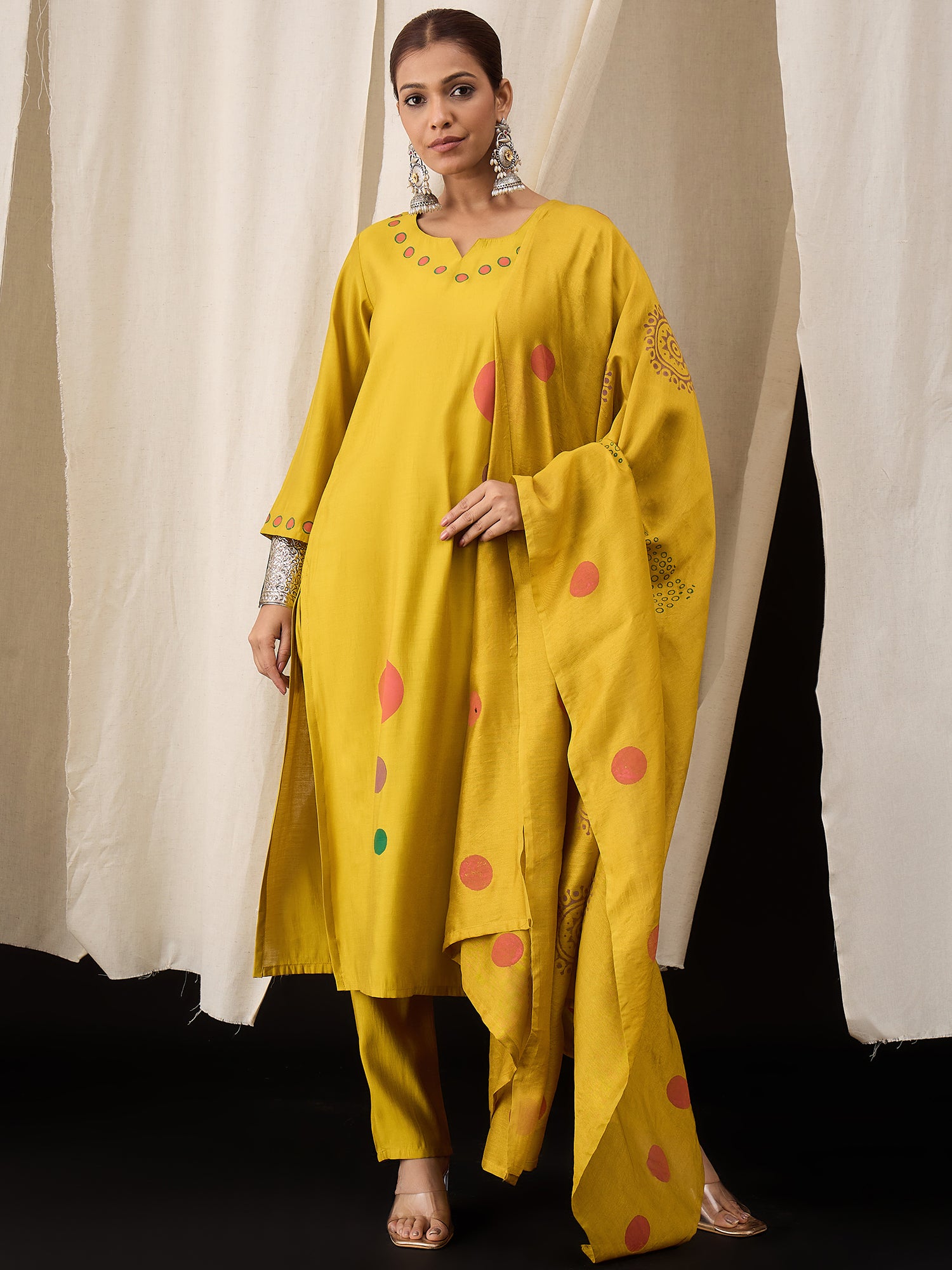 Mustard Yellow Hand Block Printed Roman Silk Kurta Set with Chanderi Dupatta