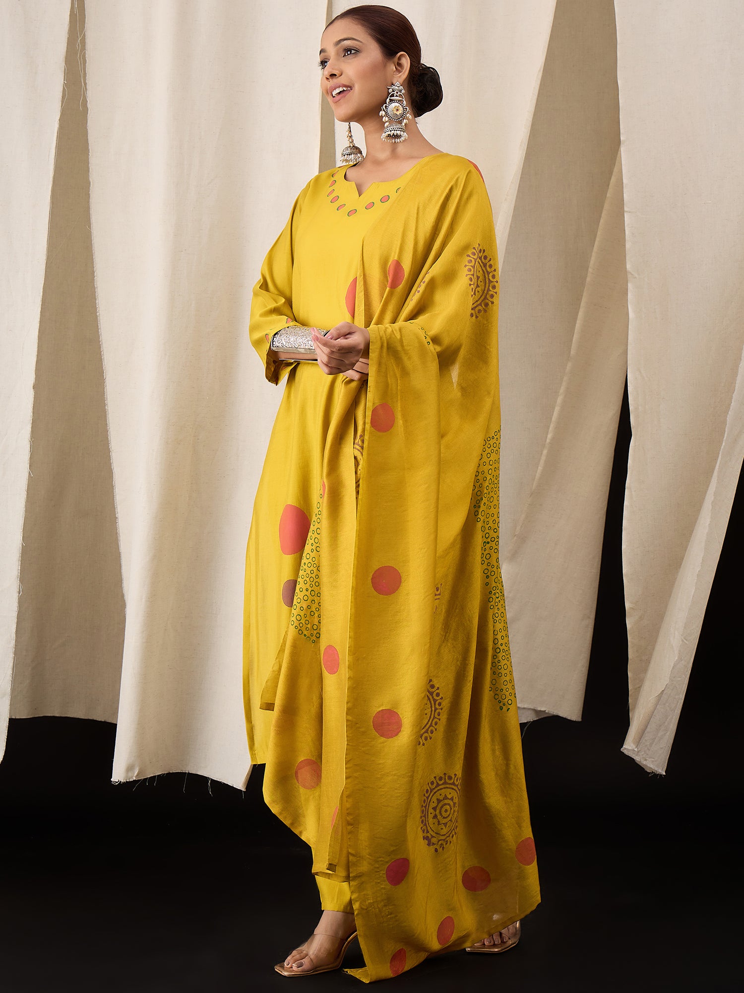 Mustard Yellow Hand Block Printed Roman Silk Kurta Set with Chanderi Dupatta