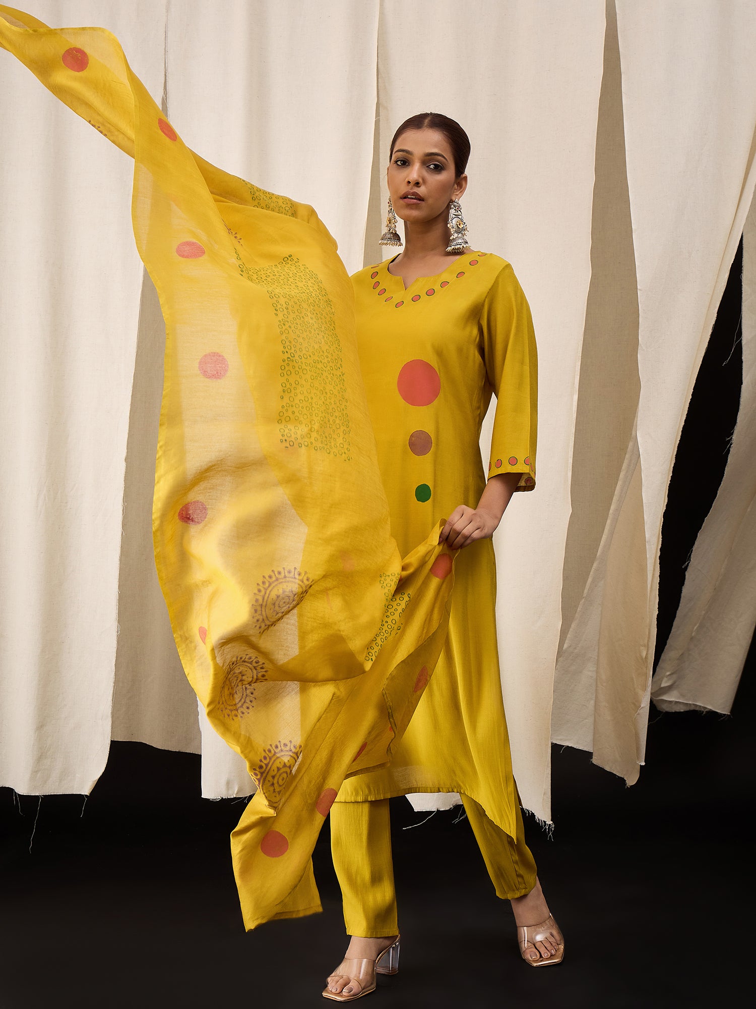 Mustard Yellow Hand Block Printed Roman Silk Kurta Set with Chanderi Dupatta