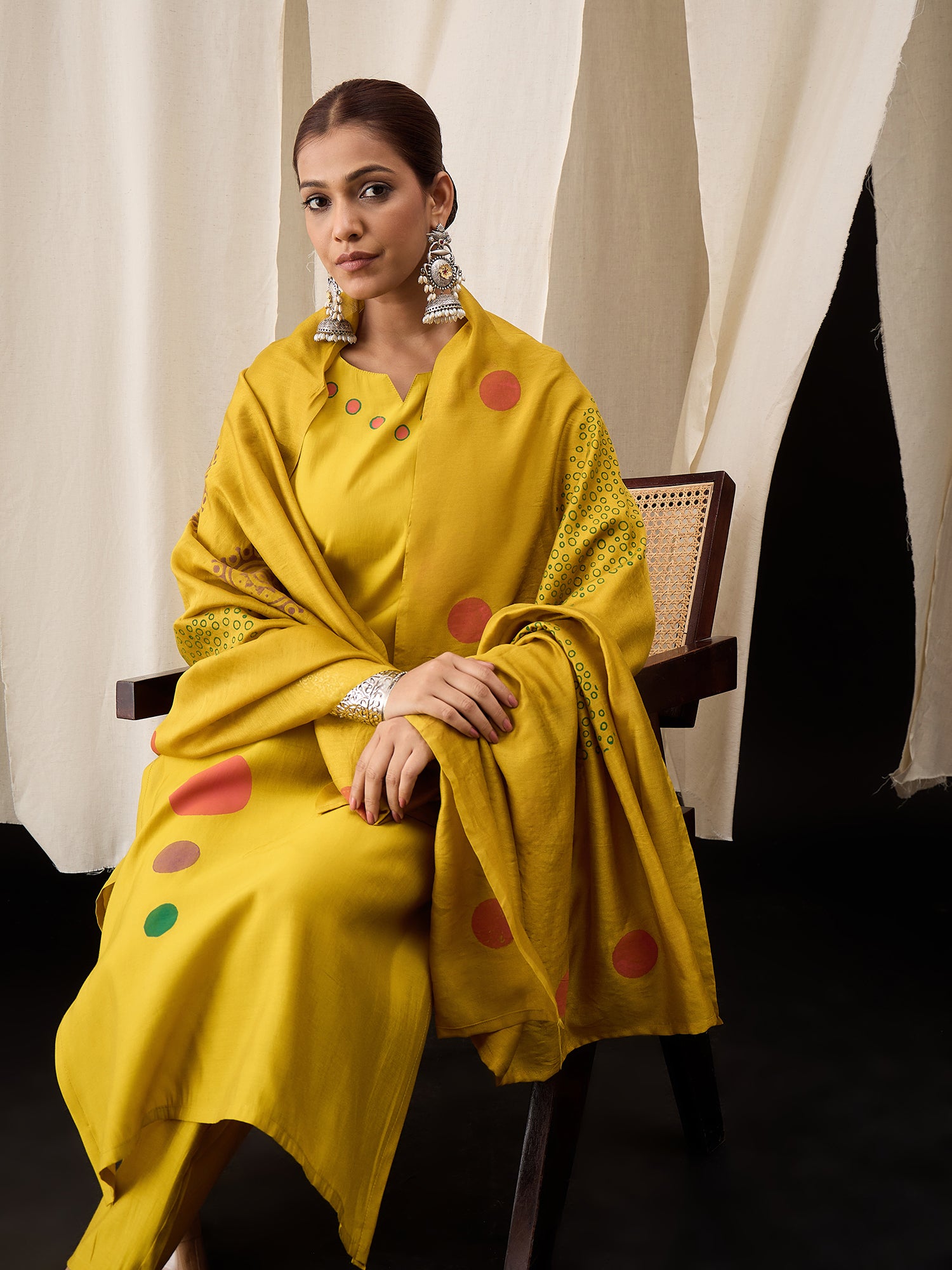 Mustard Yellow Hand Block Printed Roman Silk Kurta Set with Chanderi Dupatta