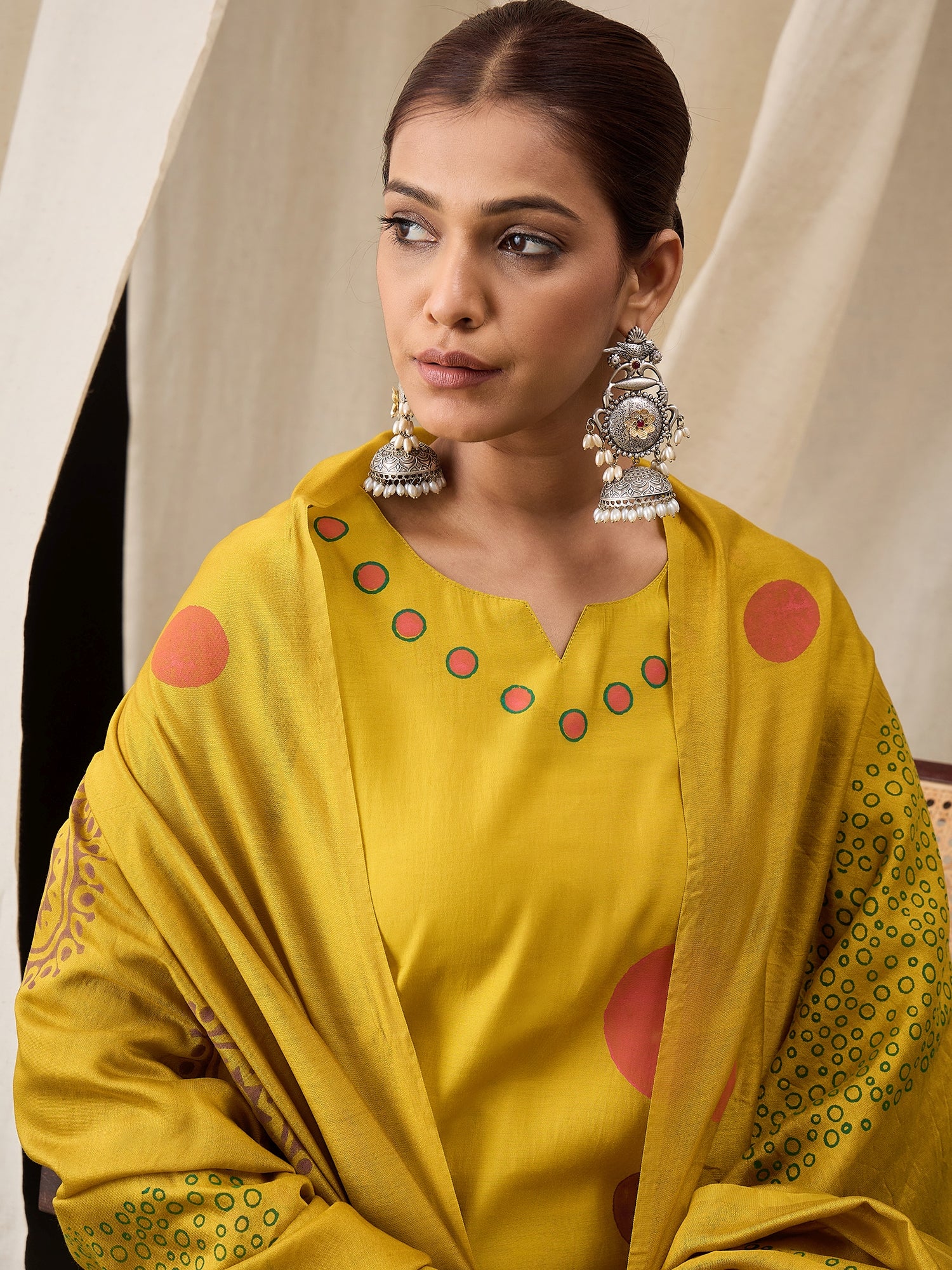 Mustard Yellow Hand Block Printed Roman Silk Kurta Set with Chanderi Dupatta