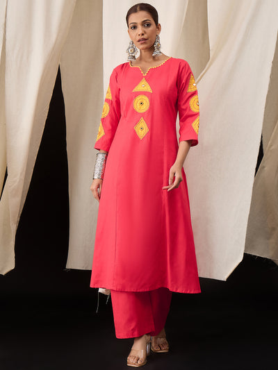 Vibrant Red Cotton Flex Kurta Set with Eye-Catching Patch Work