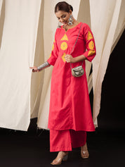 Vibrant Red Cotton Flex Kurta Set with Eye-Catching Patch Work