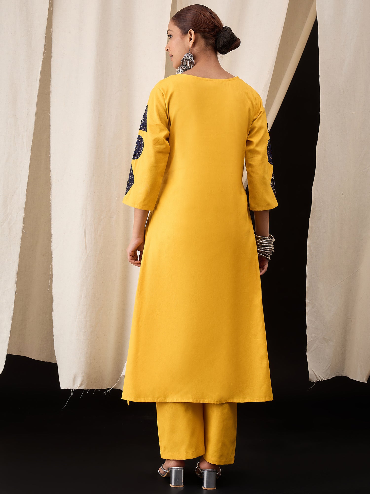 Mustard Cotton Flex Kurta Set for Women with Patch Work – Ethnic Wear with Straight Pants