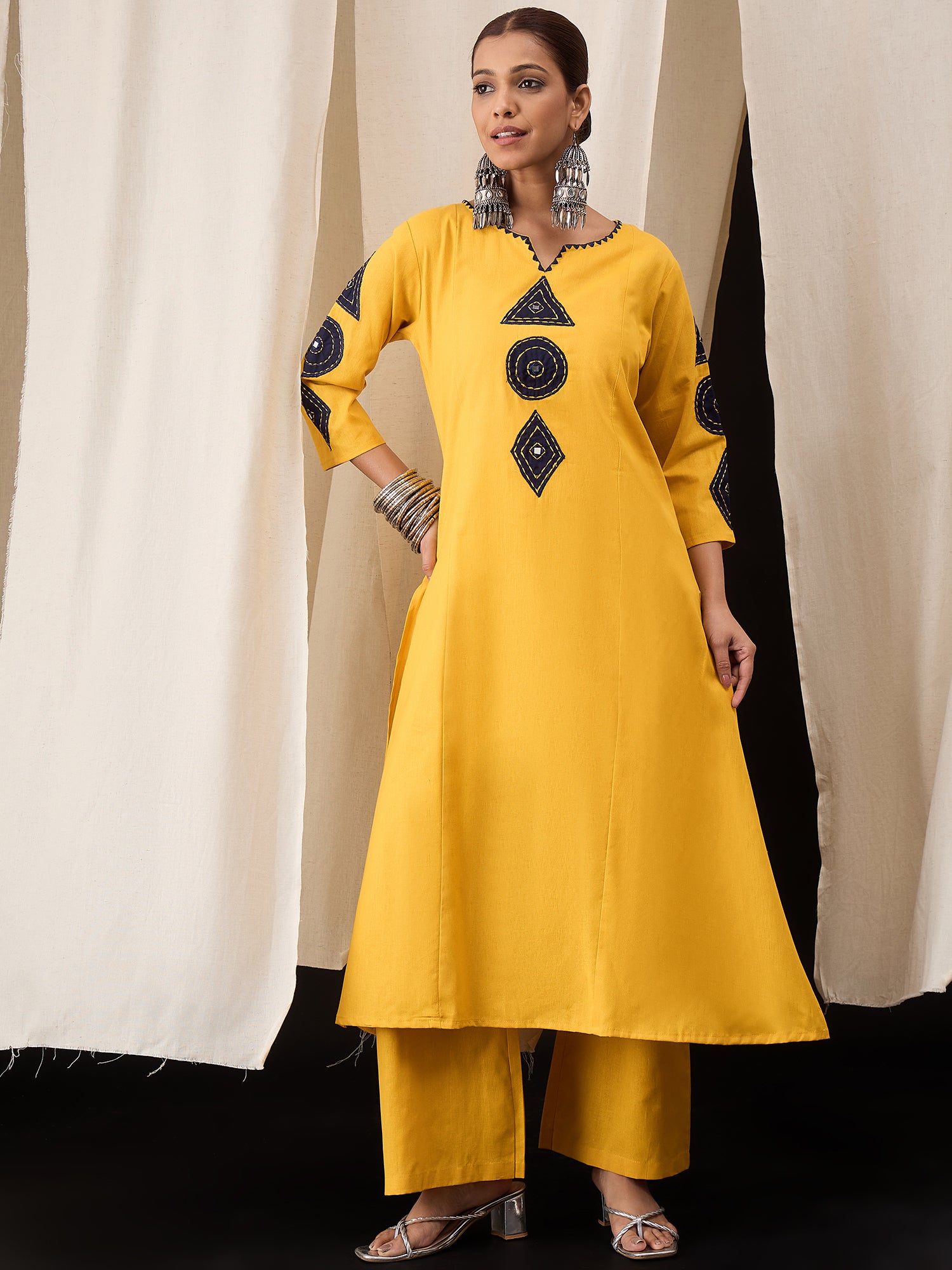 Mustard Cotton Flex Kurta Set for Women with Patch Work – Ethnic Wear with Straight Pants