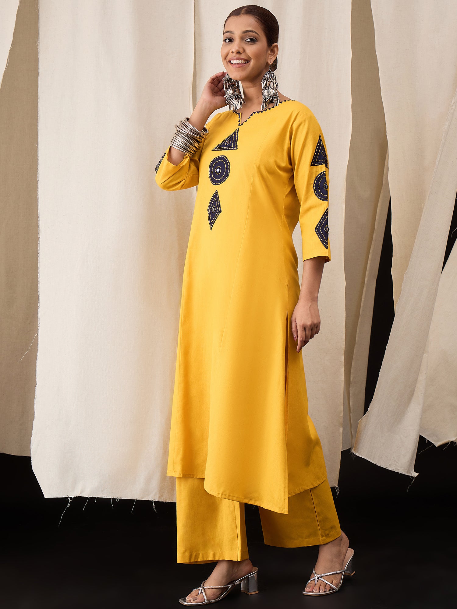 Mustard Cotton Flex Kurta Set for Women with Patch Work – Ethnic Wear with Straight Pants