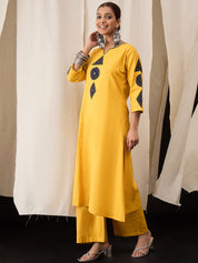 Mustard Cotton Flex Kurta Set for Women with Patch Work – Ethnic Wear with Straight Pants