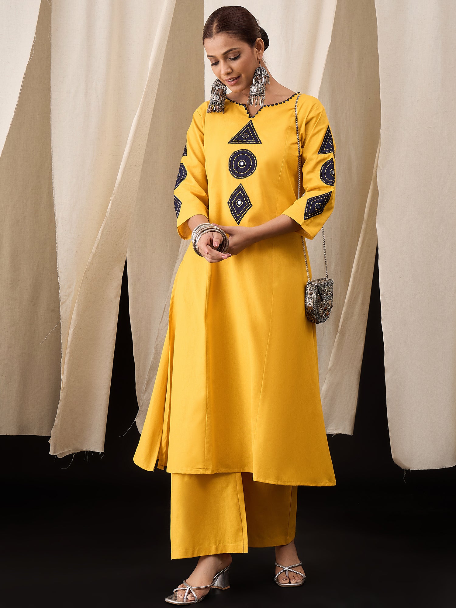 Mustard Cotton Flex Kurta Set for Women with Patch Work – Ethnic Wear with Straight Pants