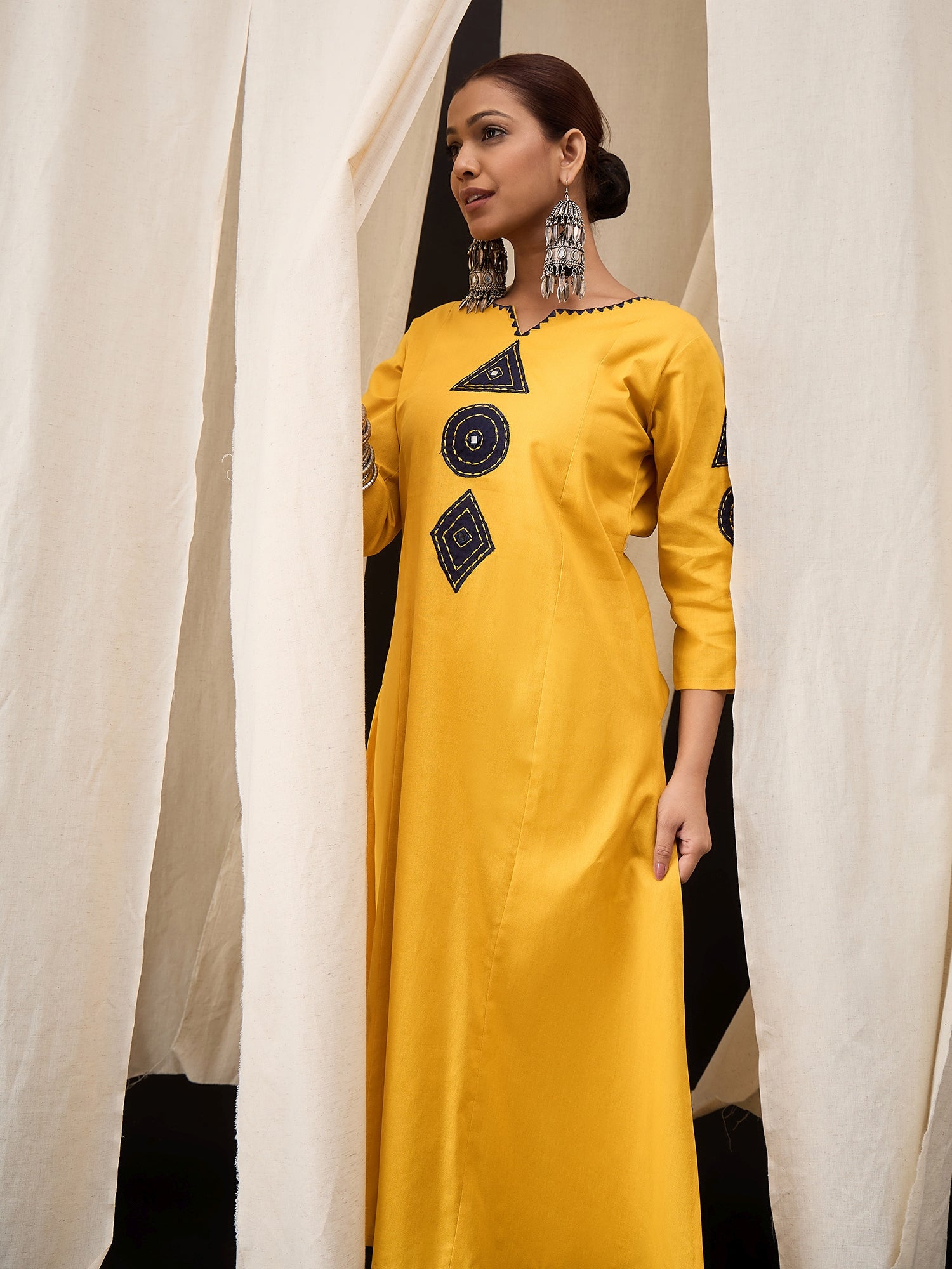 Mustard Cotton Flex Kurta Set for Women with Patch Work – Ethnic Wear with Straight Pants