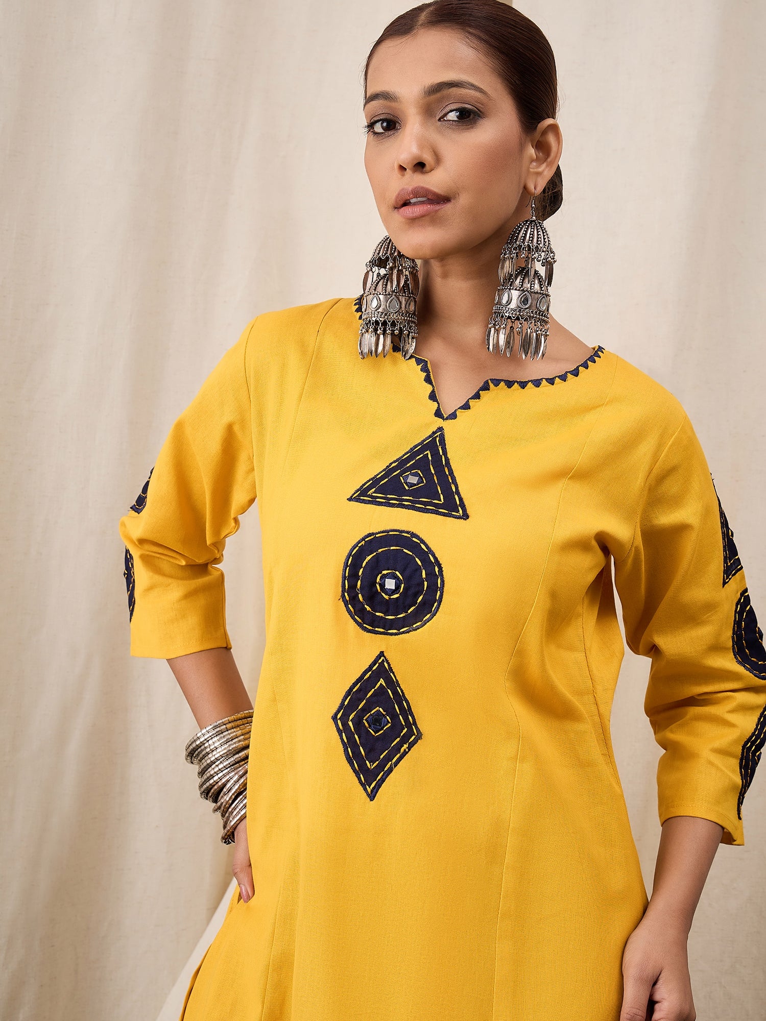 Mustard Cotton Flex Kurta Set for Women with Patch Work – Ethnic Wear with Straight Pants