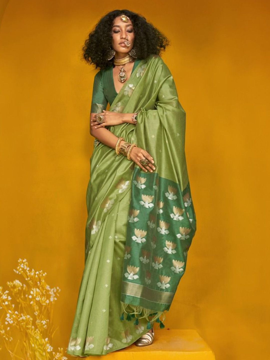 Parrot Green Banarasi Silk Saree with Lotus Buta Zari Motifs
