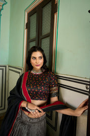 Grey Tussar Silk Lehenga Choli with Kashmiri Print With Foil Print