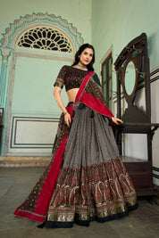 Grey Tussar Silk Lehenga Choli with Kashmiri Print With Foil Print